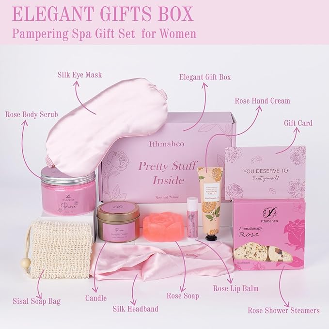 Spa Gifts for Women, Bath Gift Baskets, Birthday Relaxing Spa Self Care Gifts for Women, Home Rose Bath Shower Care Package, Thank You Gift for Woman Mom Her Sister Wife Aunts Friends Coworker