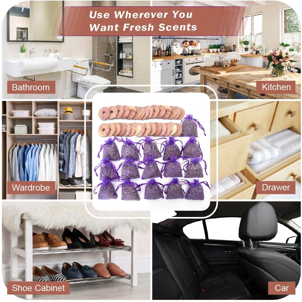 Pack of 30 Cedar Blocks and 16 Lavender Flower Sachets Craft Bag, Drawer Freshener, Linen, Shower Favor, Wedding and More, LV-E-LC-2