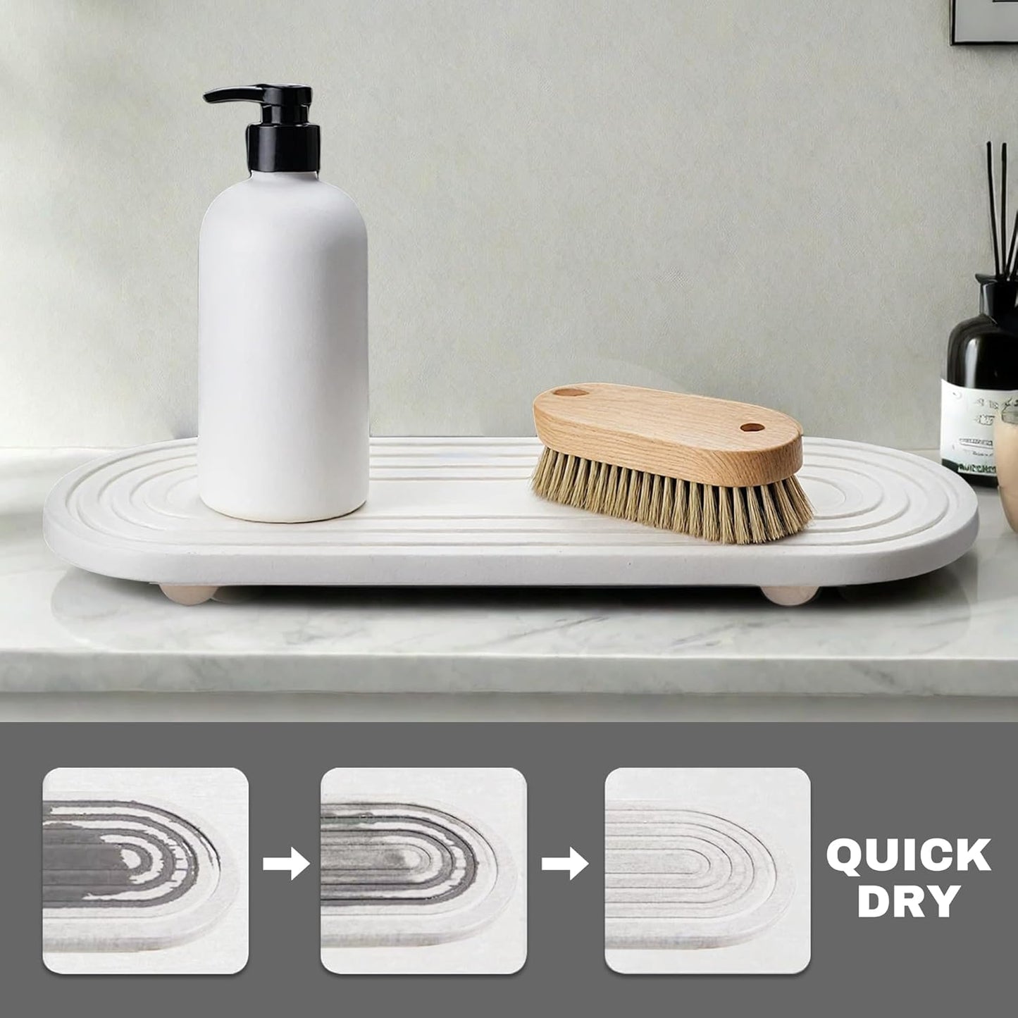 Instant Dry Sink Caddy Organizer, Fast Drying Sink Caddy, Water Absorbing Stone Sponge Holder for Kitchen and Bathroom Countertop with Natural Loofah and Wooden Feet