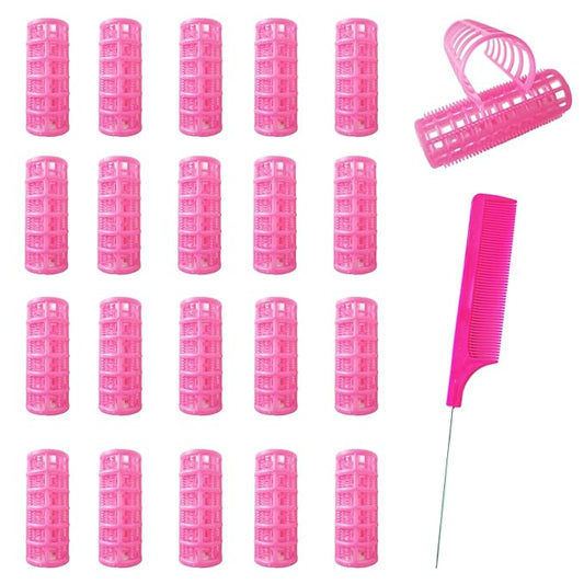 20 Pack Snap Hair Roller, 0.98Inch/2.5cm Plastic Heatless Rollers with Mini Comb, Snap on Rollers for Fine Thin Hair, Self Grip Roller for DIY Hair Styling and Salon Use(SIZE L PINK)