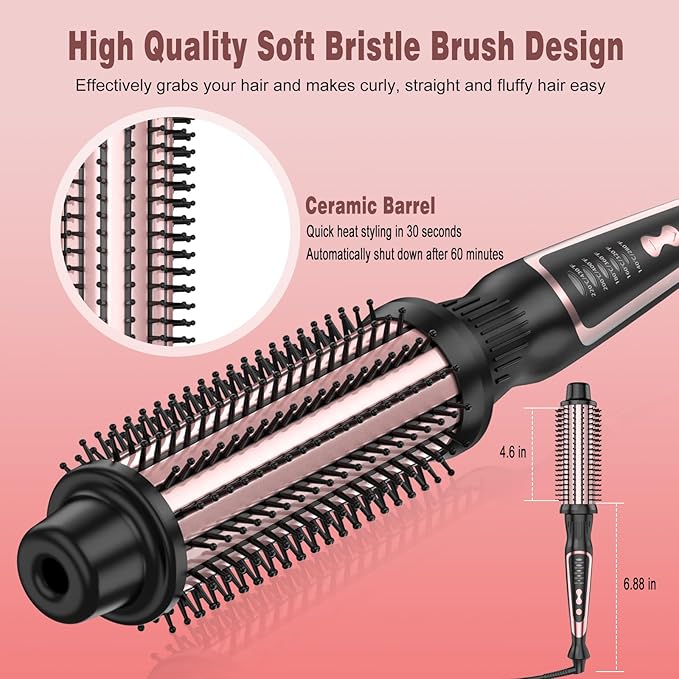 Thermal Brush, Heated Round Brush & Curling Iron with Ceramic Ionic Technology, Hair Tools for Volumizing & Styling, Travel-Friendly Hot Comb with Adjustable Temperature（Rose Gold 1.25 inch）