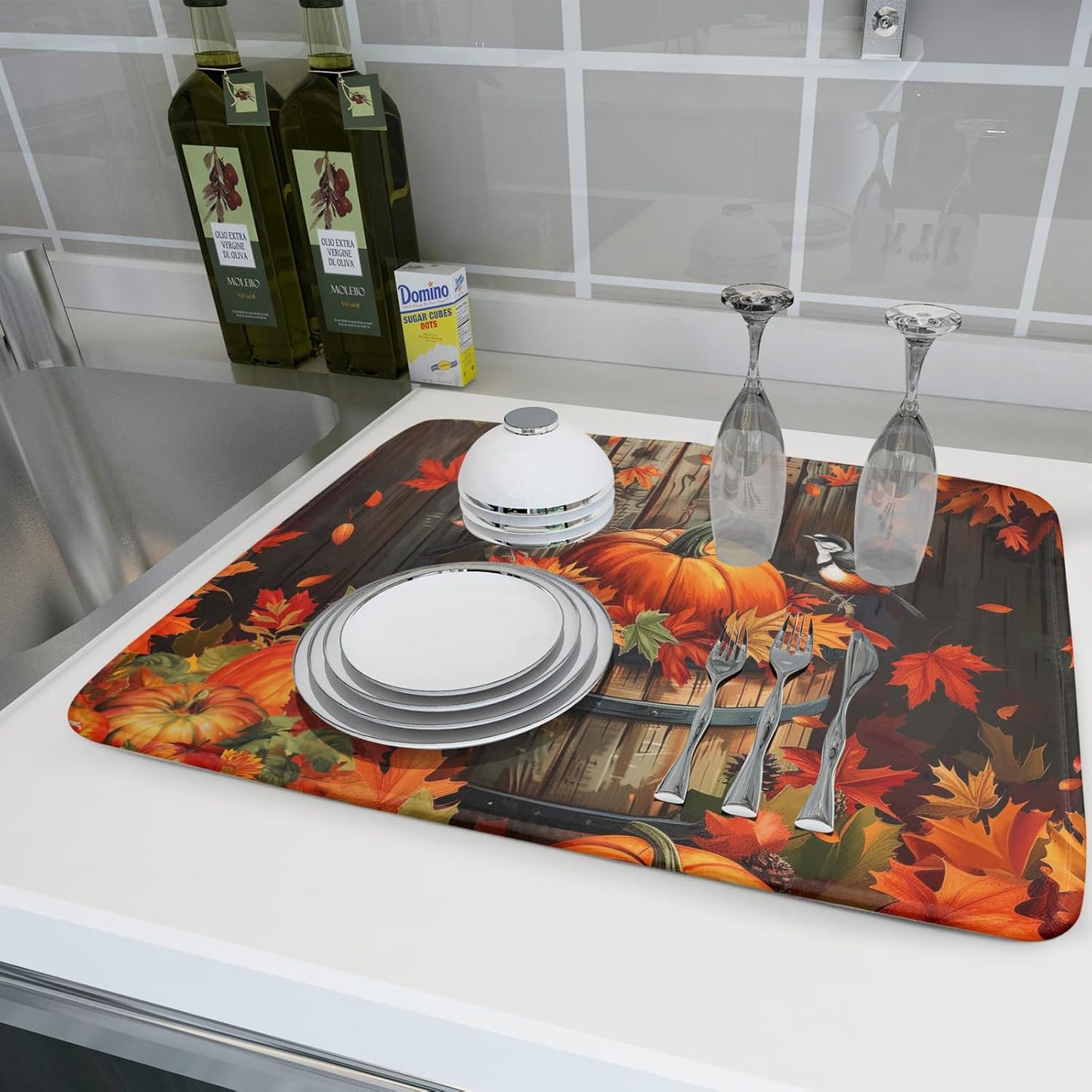Fall Pumpkin Dish Drying Mat for Kitchen Counter 18x24 Inch Autumn Maple Leaves Microfiber Drying Mats Absorbent Reversible Thanksgiving Day Dish Pad Autumn Orange Dish Mats for Drying Kitchen Decor