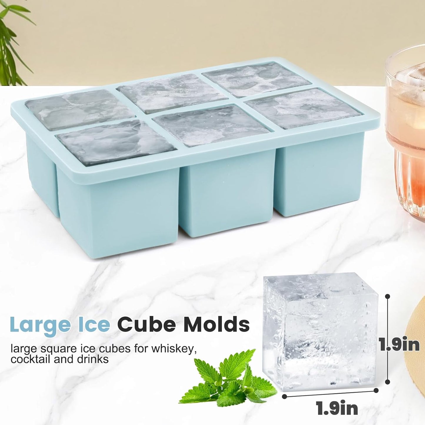 Large Silicone Ice Cube Tray 3Pack, SAWNZC Big Square Ice Cube Molds for Whisky Cocktail, Ice Maker Tray with Lid for Freezer, Easy Release (3, Blue)
