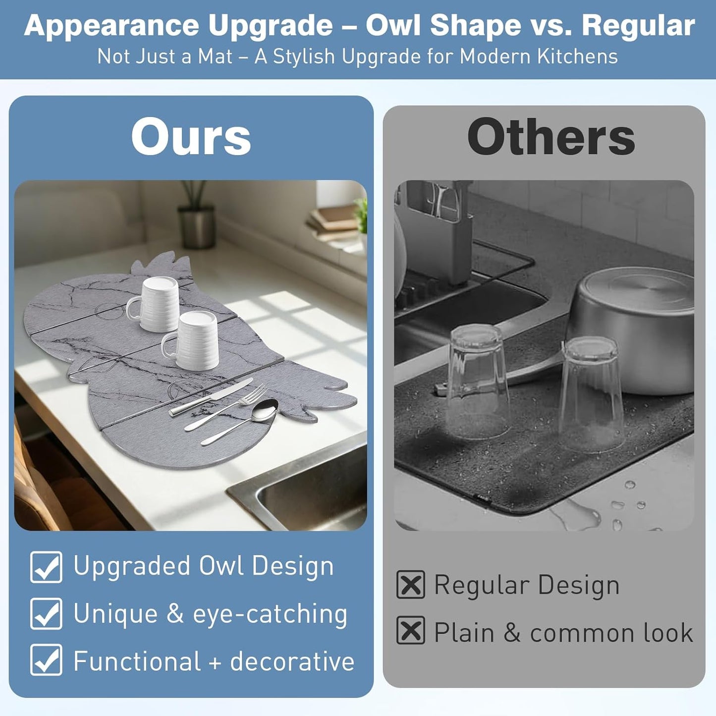 Large Stone Dish Drying Mat for Kitchen Counter,24"(L)×16"(W) Quick Dry Absorbent Diatomaceous Earth Dish Drying Mats,Owl Shape Design Drying Pads for Cups Dishes Bottles (Gray)