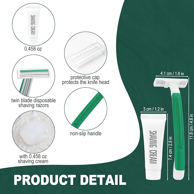 Green Disposable Twin Blade Razors in Bulk, Individually Wrapped with Safety Cap and Shaving Cream (50 Pack) for Homeless, Hotel, Airbnb, Shelter