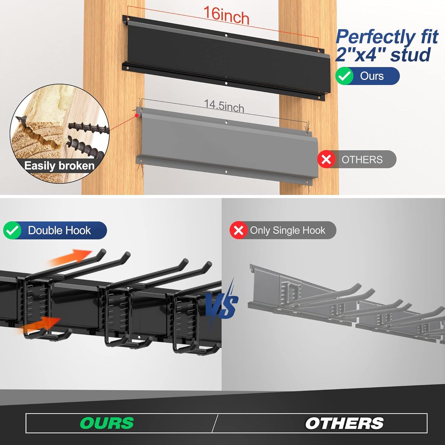 Garage Tool Storage Rack, Heavy Duty Garage Storage Organizer Rack System Wall Mounted Tool with 6 double hooks, 2 rails, Garden Yard Tools Hanger Rack for Ski Gears, Broom, Rake,Shovel