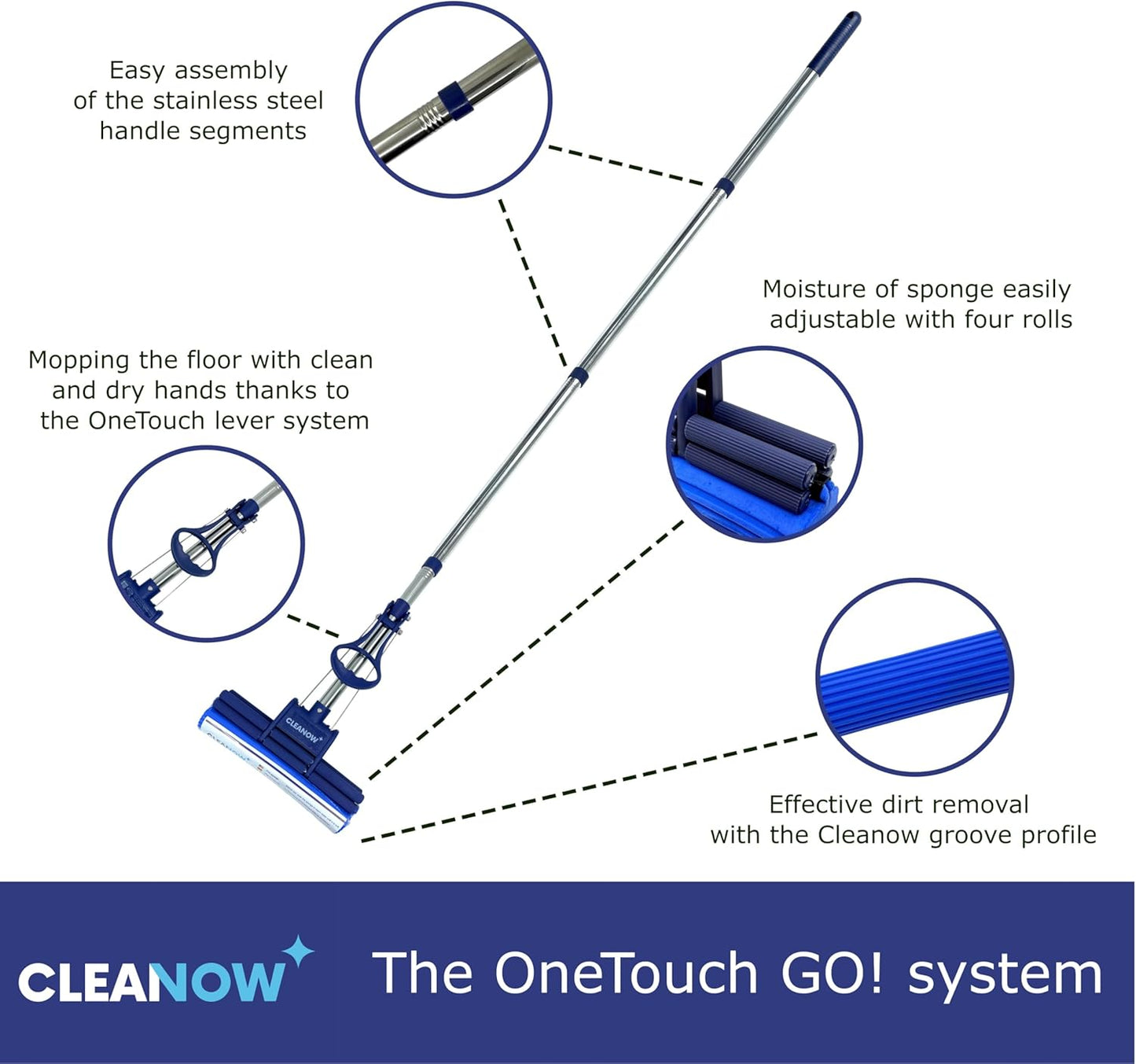 OneTouch GO! Floor Cleaner, Wring Mop, Cleaning Tool with Wringing Function - Sponge mop for Cleaning Floors- with PVA Sponge and Stainless Steel mop Handle