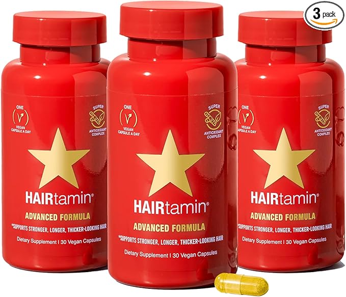 HAIRtamin Advanced Formula Hair Growth Supplement for Women & Men, Supports Stronger, Longer, Visibly Thicker Hair, With 5000 mcg Biotin, Vitamins & Antioxidants, 100% Vegan – 3 Month Supply