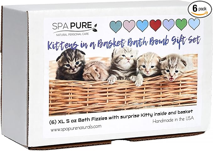 Spa Pure Kittens in Basket: 6 Adorable Kittens Hiding Inside Each Colorful Bath Bomb, XL 5 oz Each (6 Count) Pack of 1, Multicolor