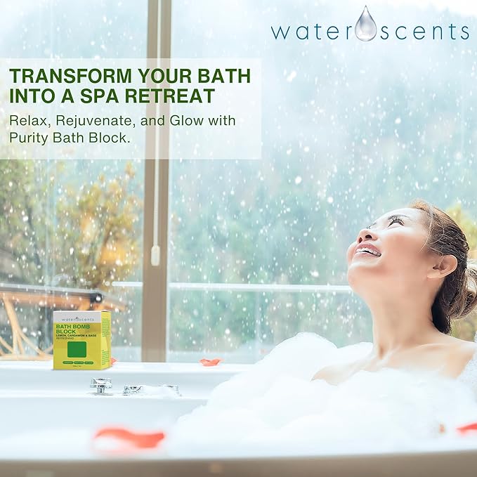 Water Scents Purity Bath Bomb Block | Vegan, Natural & Cruelty-Free | Aromatherapy Bath Soak with Lemon, Cardamom & Clary Sage | Moisturizing & Skin-Softening, Handmade in USA – 3.5 oz (6pks)