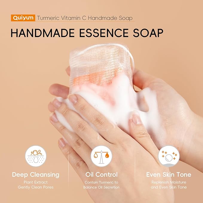 Natural Turmeric Soap Bar for Dark Spot- Vitamin C Dark Spot Remover for Face, Skin Care Sets, Facial Skin Care Products, Even Skin Tone, 3 Pack with African Net Sponge (3.53 Oz/Pcs)
