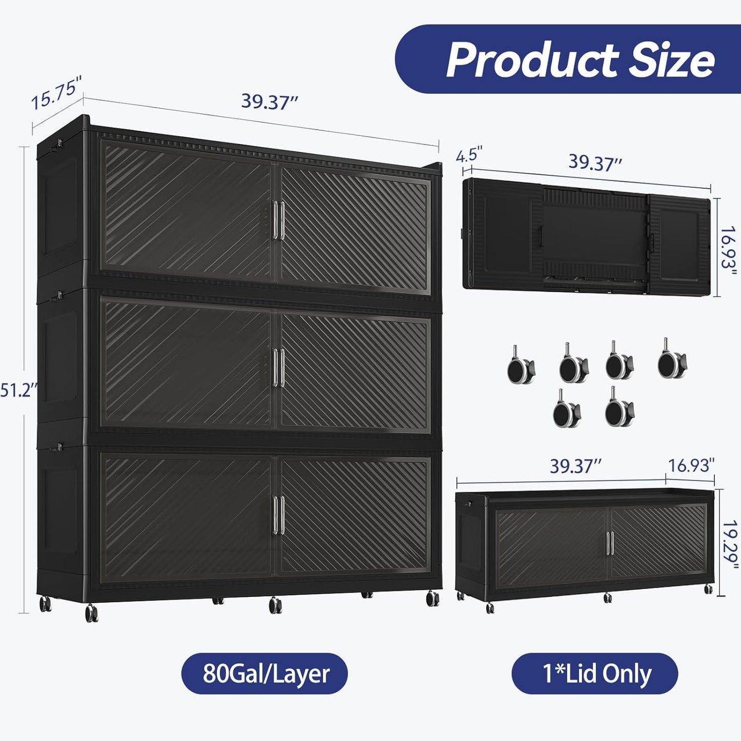 240GAL Extra Large Storage Bins with Lid, 960QT Collapsible Organizer with Wheels, Stackable Closet Cabinet with Doors, Folding Storage Containers for Home, Office, Dorm, 3Pack Black