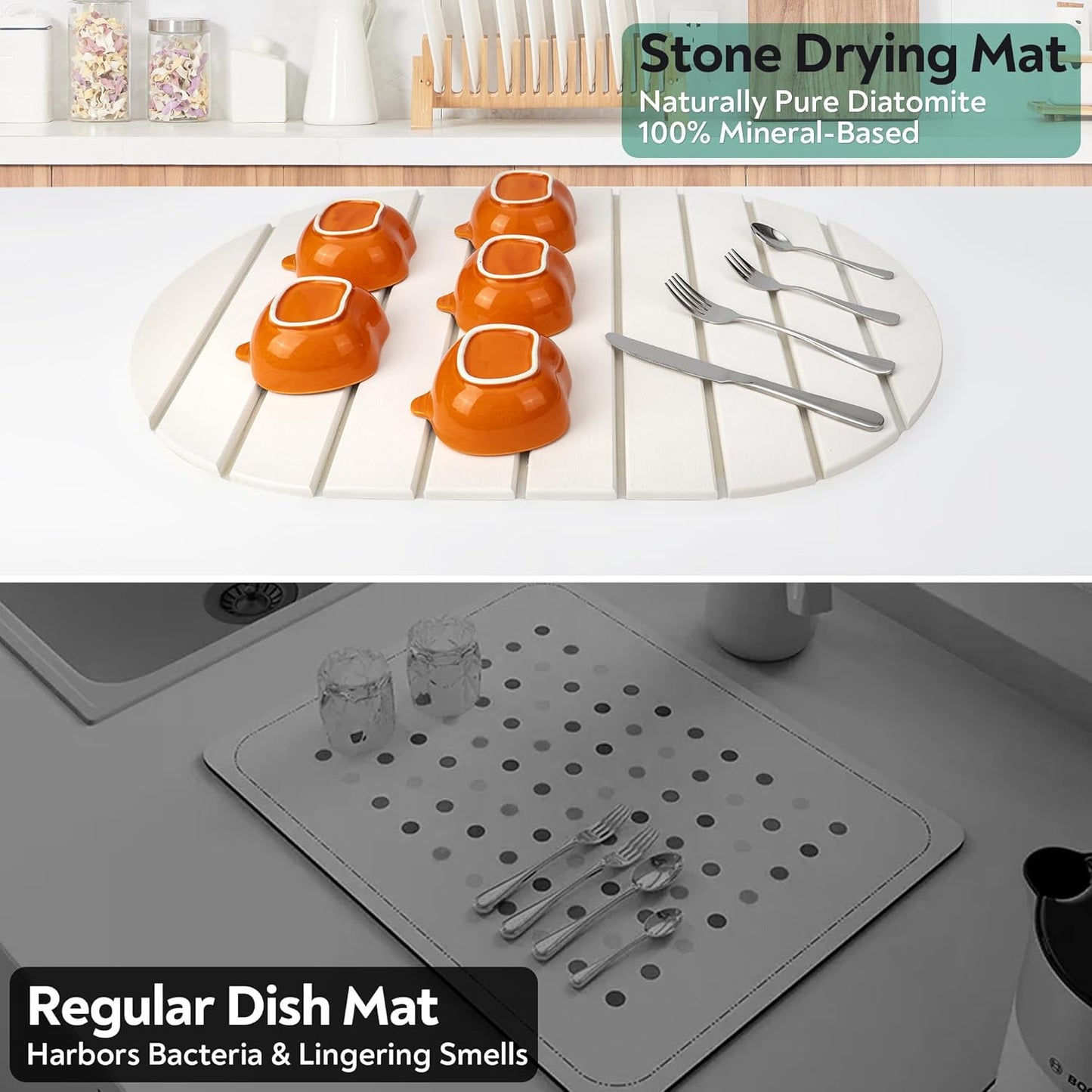 Large Stone Drying Mat for Kitchen Counter, 24x16 Foldable Self Stone Dish Drying Mat, Absorbent Food Grade Diatomaceous Earth Dish Dry Mats for Sink Bathtub