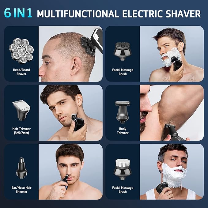 Head Shavers for Bald Men, 8D Upgraded 6-in-1 Bald Head Shaver, Waterproof Bald Head Shavers for Men Wet/Dry Use, LED Display Electric Razor Type-C Charging 360°Close Shave