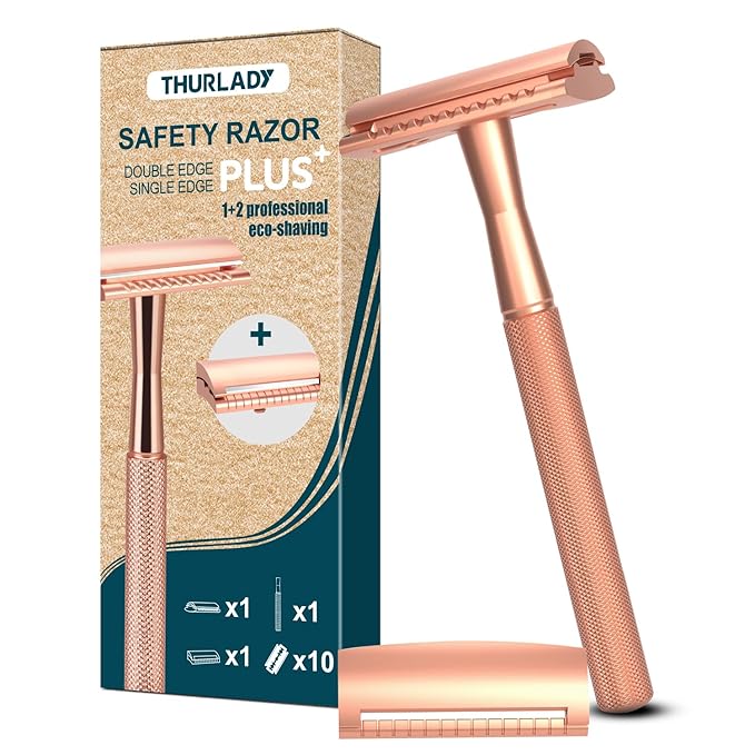 Safety Razor - Single Blade Razors for Women - Reusable Metal Razor, with 10 Double Edge Blades, Smooth Close Gentle Shave, Plastic Free, Rose Gold