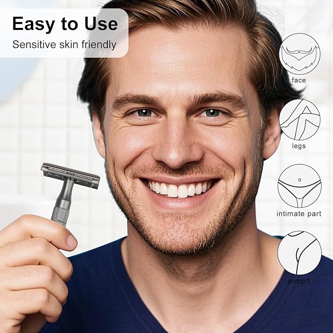 Gun Black Double Edge Safety Razor with Stand, Single Blade Razors for Men and Women, with 10 Safety Razor Blades, Smooth & Close Shave, Plastic Free