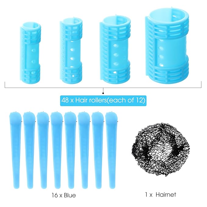 WILLBOND 65 Pieces Rollers Plastic Rollers Hair Curlers Set 4 Sizes for Long Medium Short Hair, Duck Clips Hairnet Hairdressing Styling Tool(Blue)