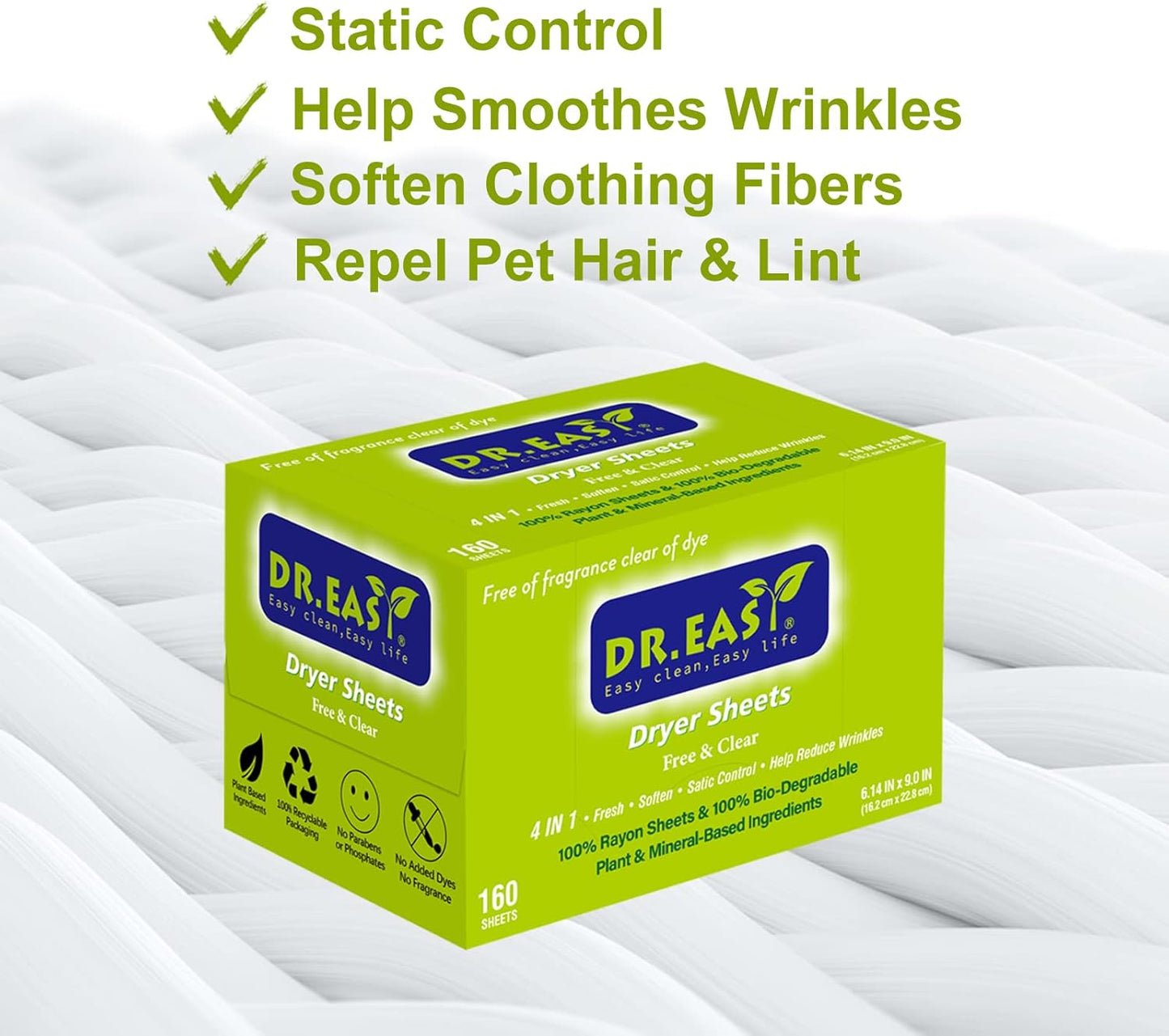 Dr.Easy Dryer Sheets Free & Clear Plant Based all ingredients for Sensitive Skin 160 Ct 100% Rayon Fabric Softener sheet unscented & no dyes Reduce Static & Wrinkles Soften Clothes Help Repel Pet Hair