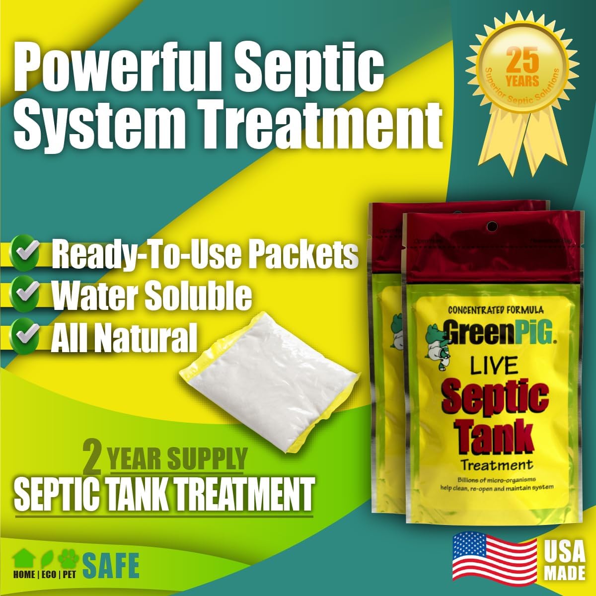 GREEN PIG Septic Tank Treatment - 8 Pods, Septic Safe Clog Remover, Prevents Expensive Septic Tank and Drain Field Failures, 2-Year Supply