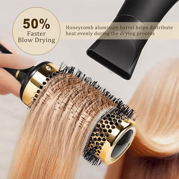 Large Round Brush for Blow Drying, Aluminum Round Hair Brushes for Women, Roller Brush for Blow Drying and Styling, Gold, For Curly and Straight-2 Inch Barrel, 2.95 Inch with Bristles