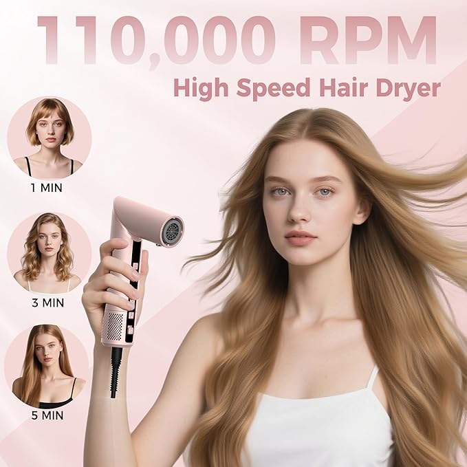 8-in-1 Hair Dryer Brush & Hot Air Styler, 110,000 RPM Blow Dryer Brush Foldable LCD Display, 4 Heat Settings Auto Curler Fast Drying Curling Straightening for Salon & Travel (Pink)