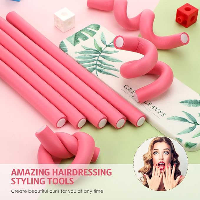 Syhood 30 Pcs Flexible Curling Rods 9.45 Twist Foam Rollers Soft Foam No Heat Hair Rods Rollers and 1 Steel Pintail Comb Rat Tail Comb for Women Long Short Hair(Pink,9.45 x 0.63 Inch)