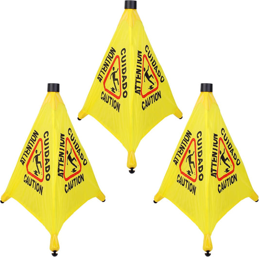 3 Pcs 20 inch Pop up Wet Floor Sign with Storage Tube, Wet Safety Signs Commercial Caution Safety Cone Pop up Caution Sign for Commercial Stores Grocery Restaurant Restroom Office