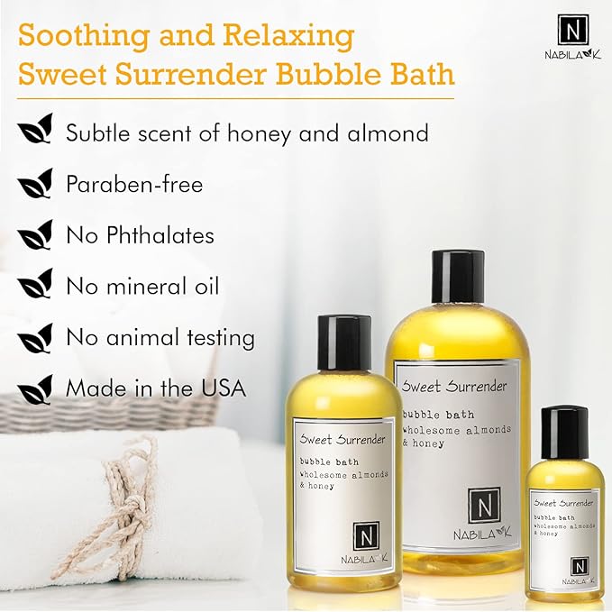 Sweet Surrender Bubble Bath with Almond & Honey Scent by Nabila K - Essential Oils with Natural Ingredients for Sensitive Skin, Tear-Free, Gentle, Moisturizing - Luxury for Women & Men, 8 oz