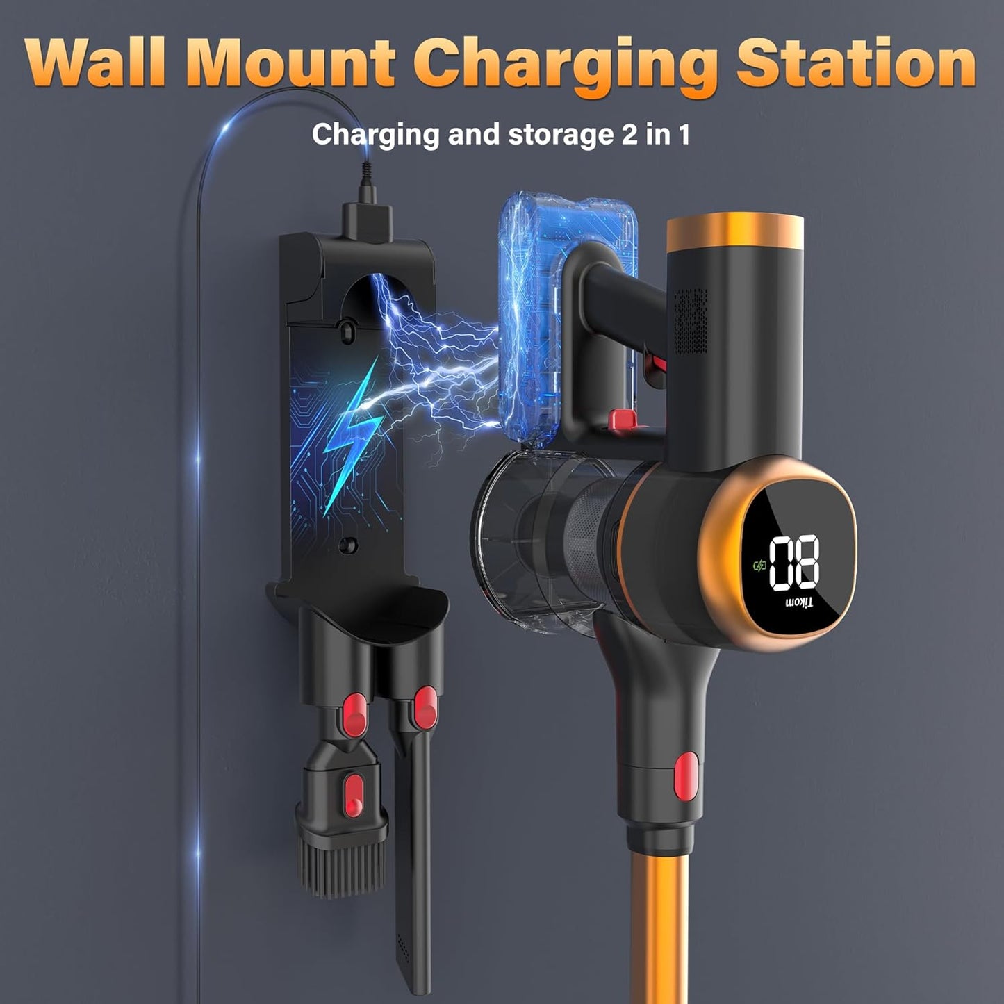 Tikom V500 Cordless Vacuum Cleaner for Home, 40000Pa/450W Stick Vacuum with LED Touch Screen, Charging Wall Dock, Anti-Tangle, Lightweight Handheld Vacuum for Pet Hair, Hard Floor, Carpet