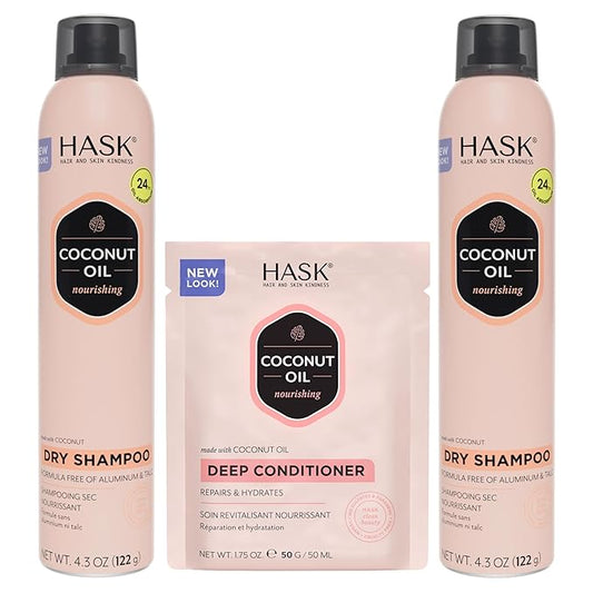 HASK Coconut Nourishing Dry Shampoo Duo (4.3oz-Qty 2) & Coconut Nourishing Deep Conditioner Packette, Aluminum-Free, Sulfate-Free, Paraben-Free, Color Safe, for All Hair Types