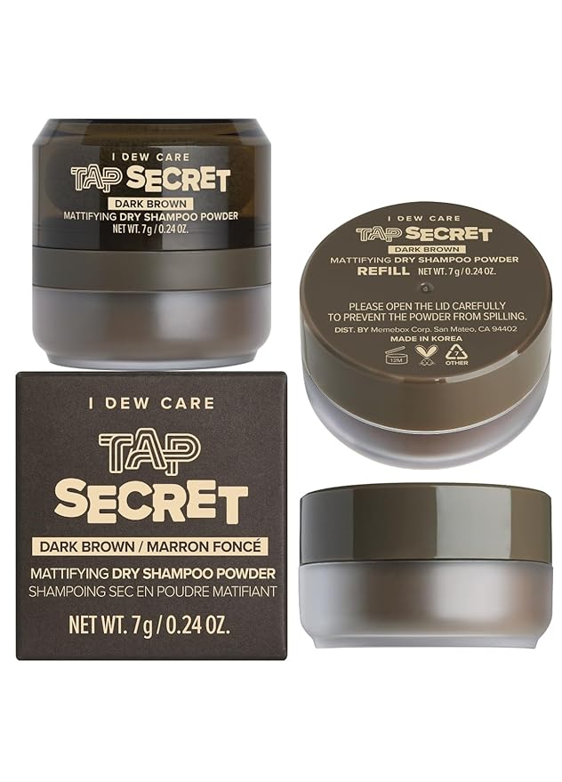 I DEW CARE Dry Shampoo Powder Set - Tap Secret Dark Brown + Refill | Strengthening & Volumizing, Powder Type, Refillable, Travel size, Non-aerosol, Brunette, Korean Ginseng, 0.26 Oz