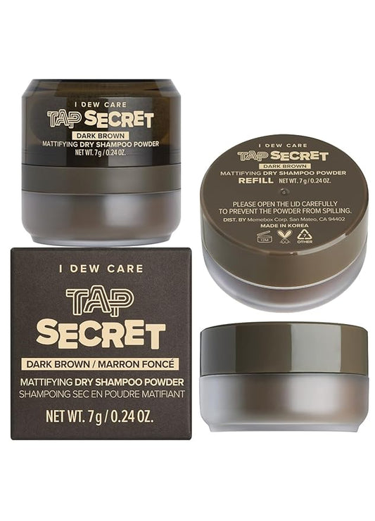 I DEW CARE Dry Shampoo Powder Set - Tap Secret Dark Brown + Refill | Strengthening & Volumizing, Powder Type, Refillable, Travel size, Non-aerosol, Brunette, Korean Ginseng, 0.26 Oz
