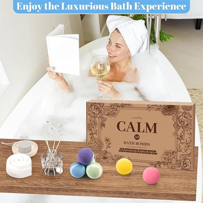 TranquilBliss Bath Bombs Set 50 PCS with 10 Rich Scents, Bath Bombs for Women, Natural Bubble Bombs with Shea Butter & Safe Oil, Ideal for Christmas, Birthday, Mother's Day Present (Brown)