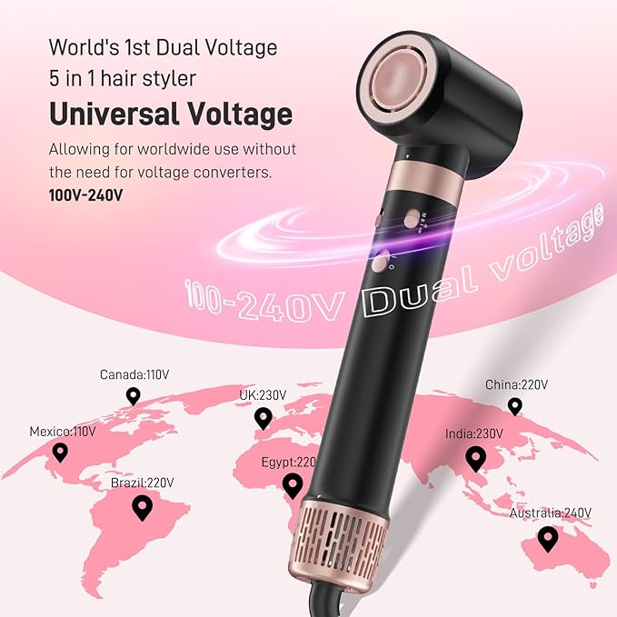 Dual Voltage Hot Air Styler Wrap - 5 in 1 Hair Dryer Brush,Multi Hair Styler, with Fast Drying Blow Dryer, Styling, Straightening & Volumizing
