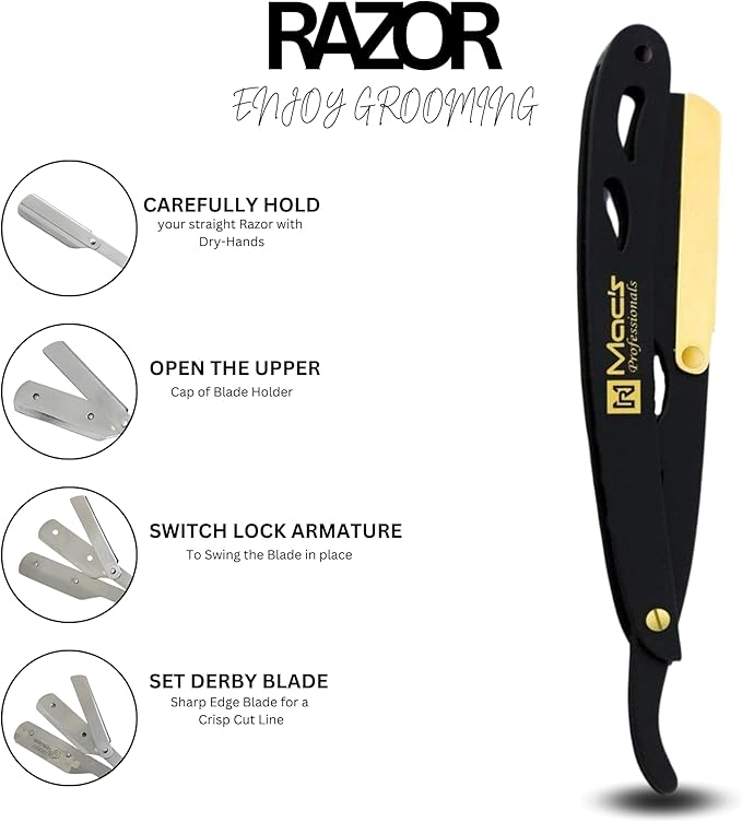 PROFESSIONAL B&G STRAIGHT Edge SHAVING RAZORS,with Black Premium Derby 100 Count Blades-Easy Blades Replacement Mechanism-100% Stainless Steel Macs-049BGP1 (B & G with Black Premium Blades)