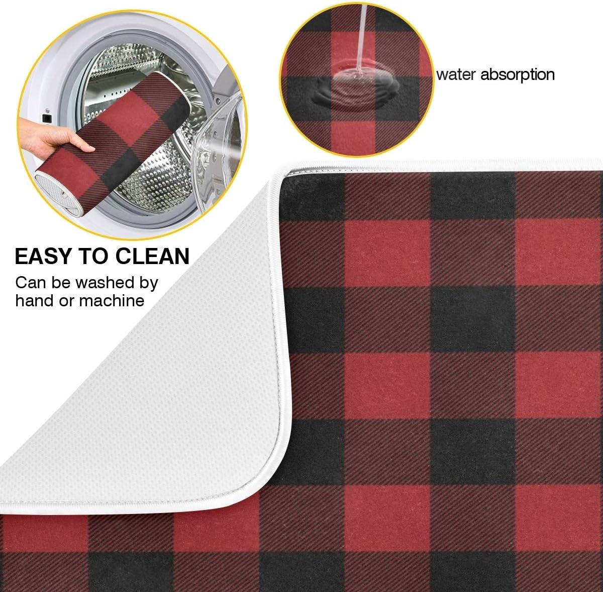 Red and Black Buffalo Plaid Dish Drying Mat 18x24 for Kitchen Merry Christmas Winter Xmas Dishes Pad Dish Drainer Rack Mats Absorbent Fast Dry Kitchen Accessories