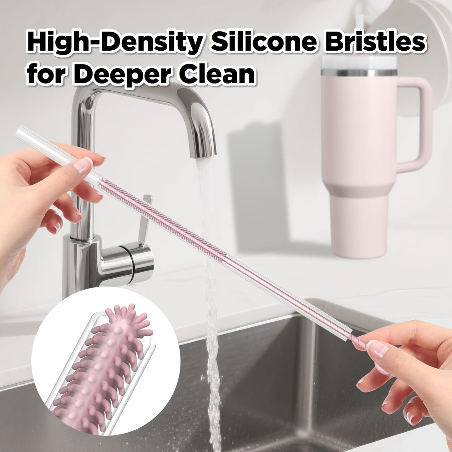 2 Pcs Silicone Straw Cleaner Brush, Extra Long Cleaning Brushes for Straws, 6mm&9mm, Pink