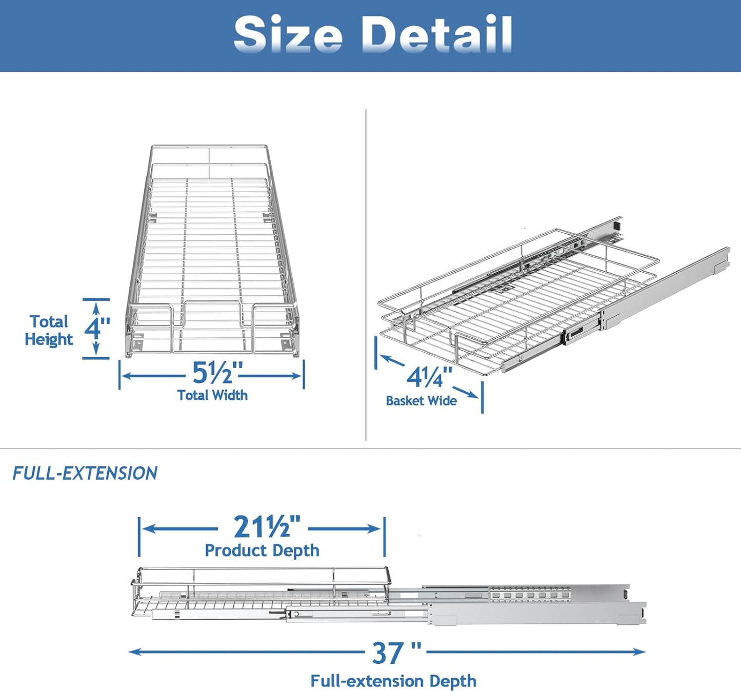 Pull Out Cabinet Organizer 5½" W x 21½" D, Heavy Duty Cabinet Pull Out Shelves, Slide Out Drawers Organization for Kitchen Cabinets Bathroom