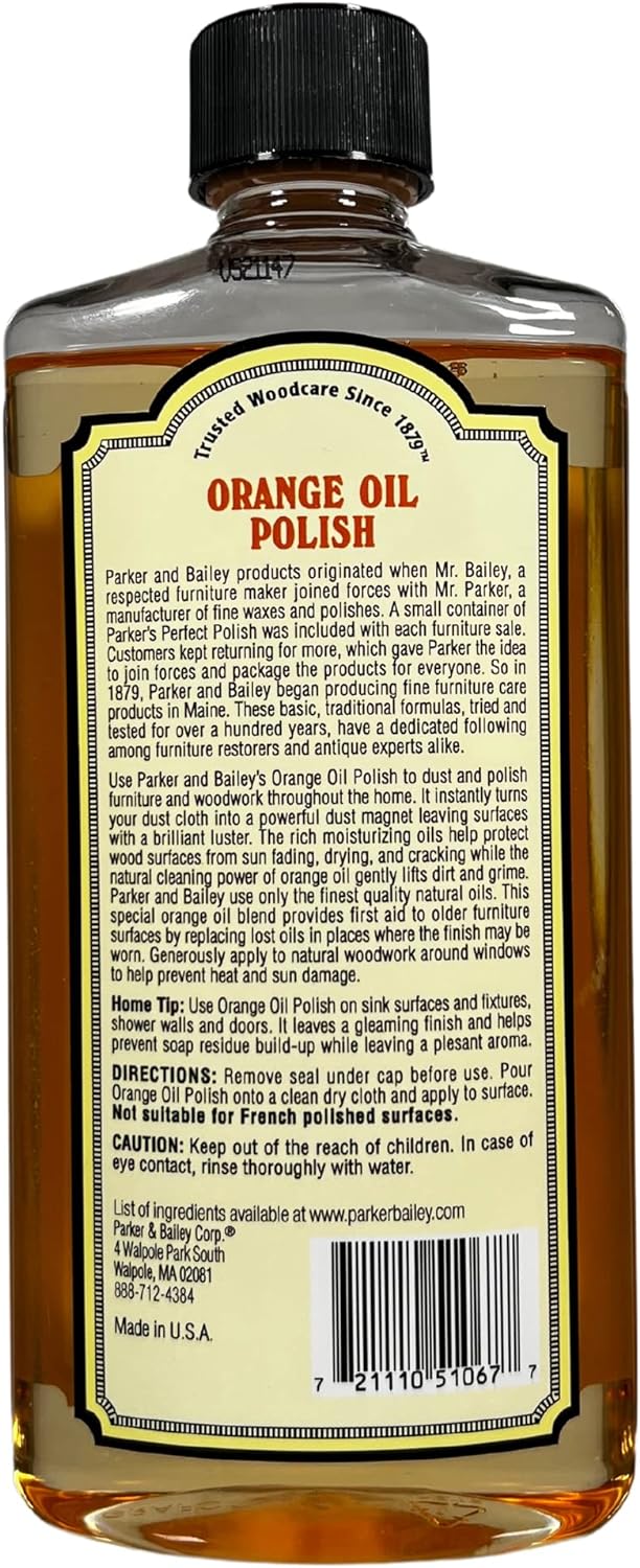 PARKER & BAILEY ORANGE OIL POLISH - Natural Orange Scented Wood Cleaner & Furniture Polish, Cleans, Renews, Restores & Rejuvenates Wood Surfaces, Protects from Drying or Cracking, Shiny Finish, 16oz