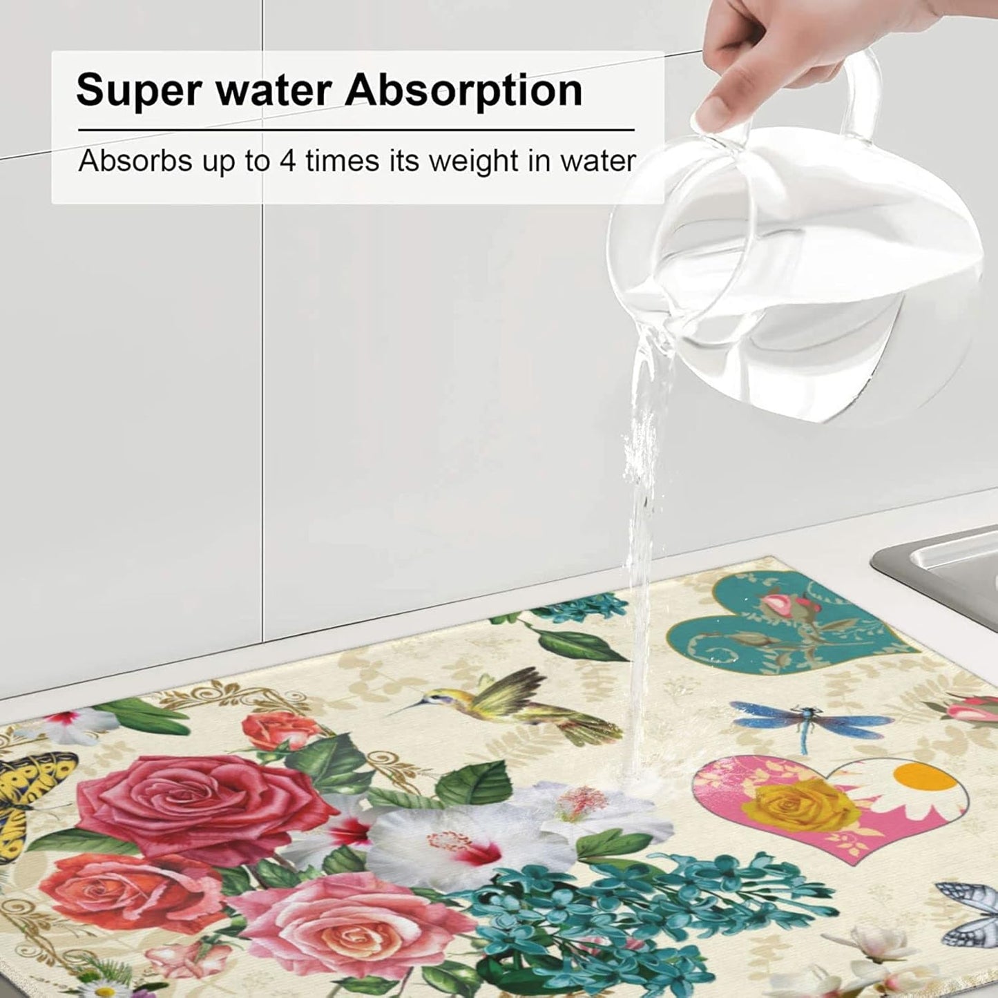 Dish Drying Mat For Kitchen Counter Absorbent Dish Mat Reversible Drainer Drying Kitchen Mat (Beautiful Boho Flowers, 24X18)