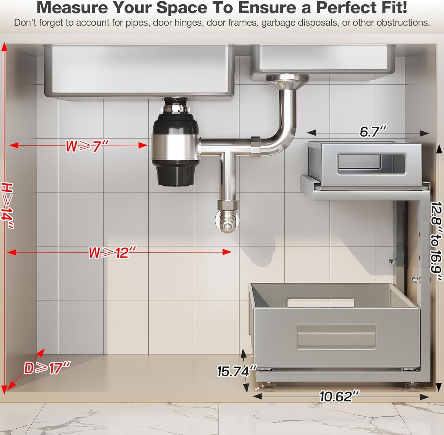2 Pack 15.74IN-Depth Under Sink Organizer With Next-Gen Ball-Bearing Slides,2-Tier Pull Out Cabinet Storage,Height Adjustable Drawer Shelf for Bathroom,Kitchen,Laundry,Cabinet,Pantry-Gun Gray
