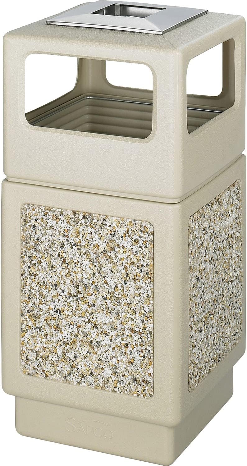 Safco Products Canmeleon Outdoor/Indoor Aggregate Panel Trash Can with Ash Urn 9473TN, Tan, Decorative Fluted Panels, Stainless Steel Ashtray, Weather Resistant