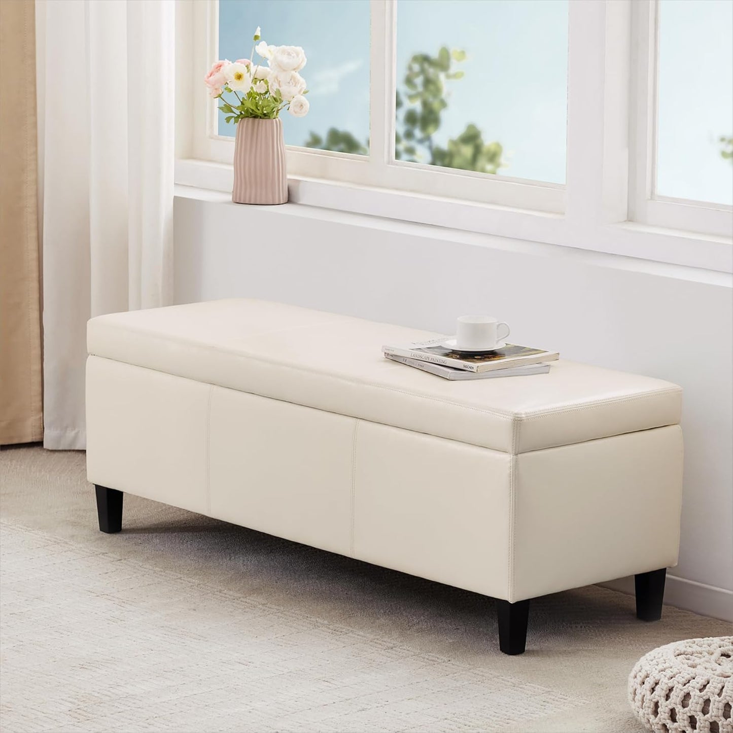 HUIMO Faux Leather Storage Ottoman Bench 50.3 inch Extra Long Upholstered Bedroom Bench with Large Storage Space for The Living Room, Entryway, Bedroom Hold Up to 300lbs (Cream)