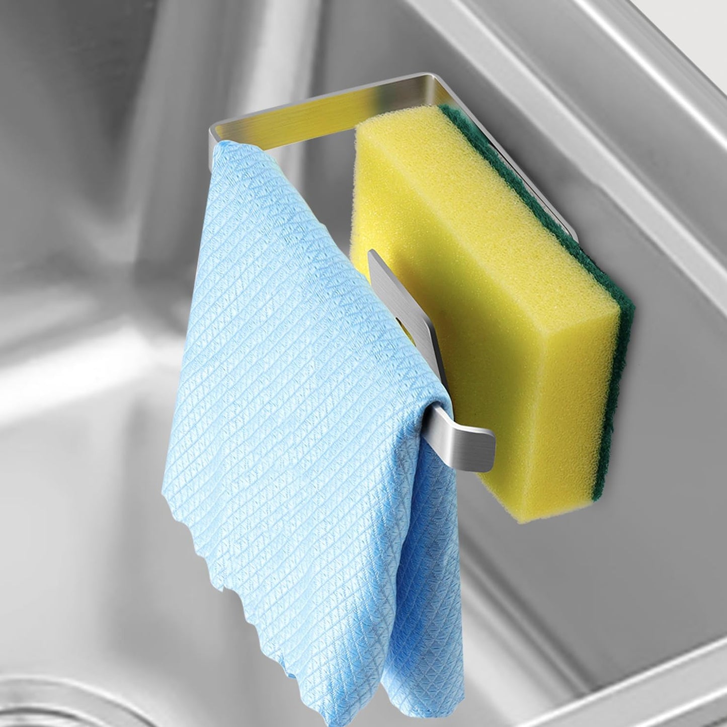 Sponge Holder for Kitchen Sink, Kitchen Sink Caddy, 2 in 1 Kitchen Sink Organizer Sponge Caddy, Adhesive Hanging, Suitable for Kitchen Brush, Dish Rag, Sponge, Gloves, 304 Stainless Steel