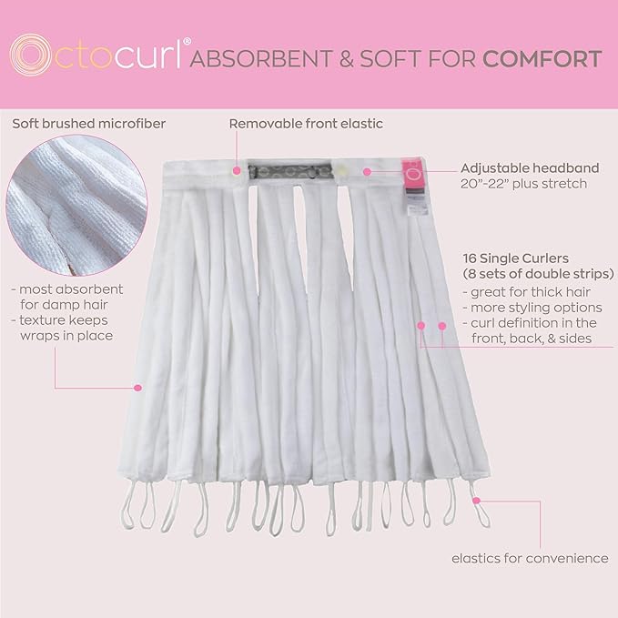Octocurl Heatless Curls Headband - Hair Curlers to Sleep In - Heatless Curlers for Long Hair (Microfiber - White)
