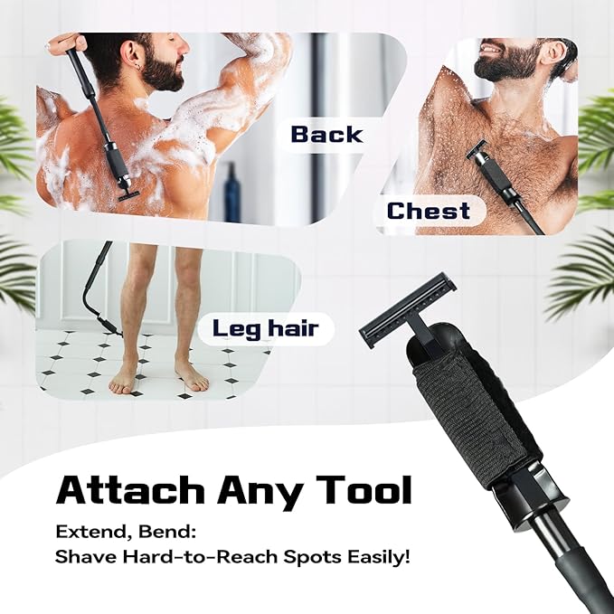 XUNE Safety Razor Extension Handle with Adjustable Length for Leg Razor,Back Shaver for Men,Multi-Function Extension Shaver Handle can be Fitted Lotion Applicator,Hair Brush for Wet or Dry