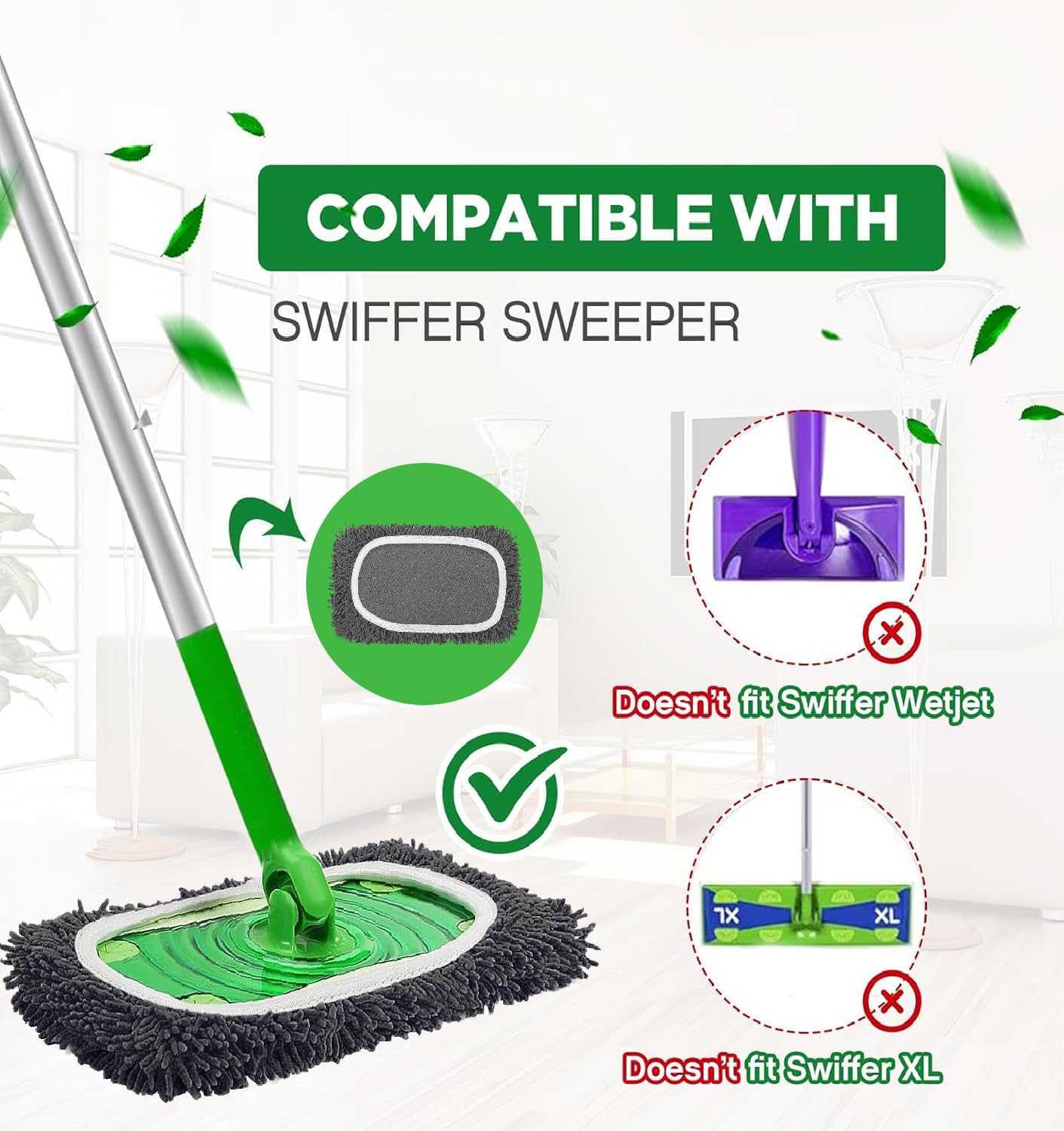 Reusable Microfiber Mop Pads Washable Wet Pads Compatible with Swiffer Sweeper Refills Pads for Wet & Dry Sweeping Cloths Mop Head Replacement for Household Cleaning (Grey 4PCS)