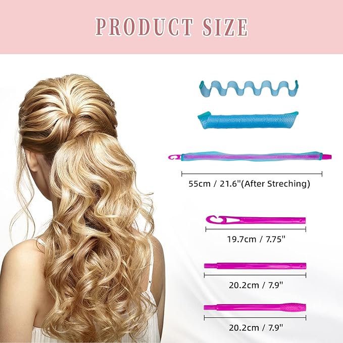 30pcs Heatless Hair Curlers Rollers Wave Curls Styling Kit with 2 Sets Styling Hooks,No Heat Hair Curlers Spiral Curlers for Long Hair 21.8”(55 cm)…