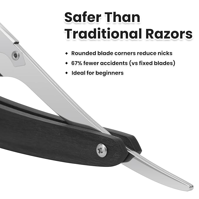 Straight Razors For Men - Black Wooden Handle - Professional Barber Grade with 10 Straight Edge Blades - Stainless Steel shavette - straight razor kit & beard trimmer - For Men Gift & Groom