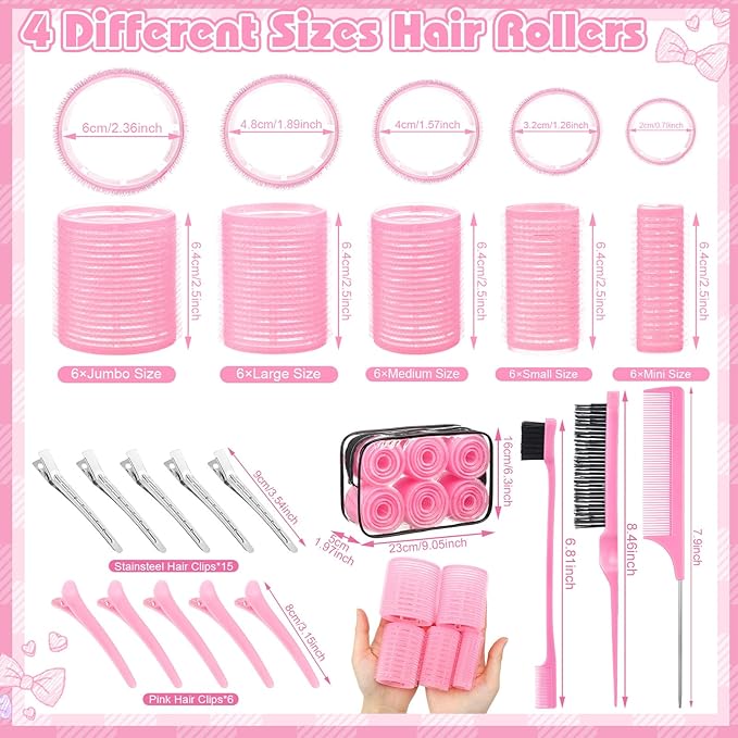 5 Sizes Self Grip Hair Rollers Set, 64 Pcs Rollers Hair Curlers with Clips Comb for Long Medium Short Hair (60 48 40 32 20mm), Pink